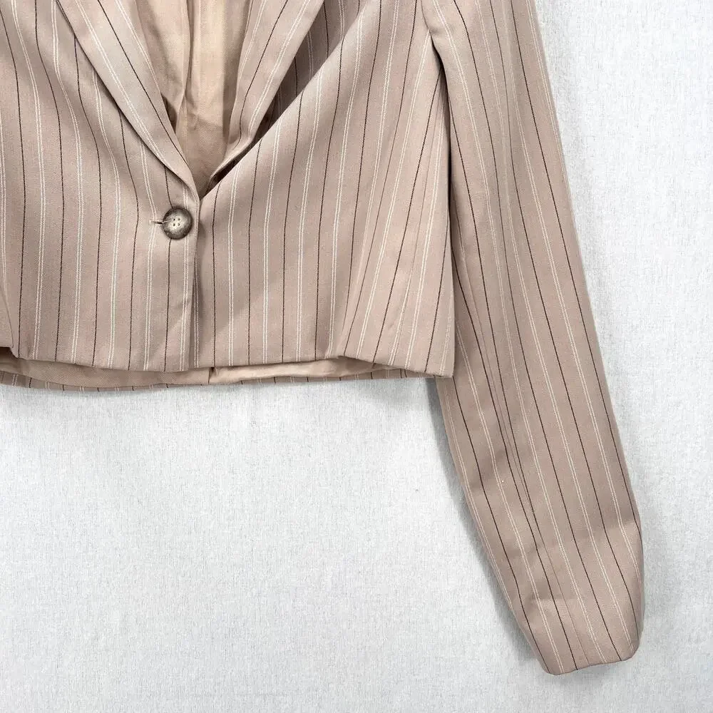 REFORMATION Bateman Cropped Blazer Womens XS Tan Pinstripe Y2K Corp Long Sleeve